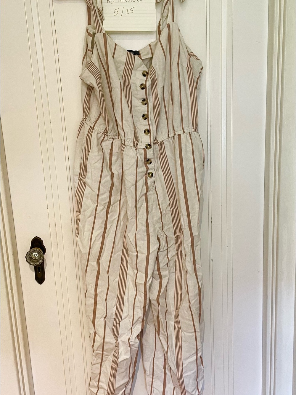 Modcloth Cream and Brown Striped Button-Front Jumpsuit
